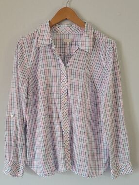 Talbots White Shirt with Pink, Blue, Teal & Black Windowpane Plaid 100% Cotton